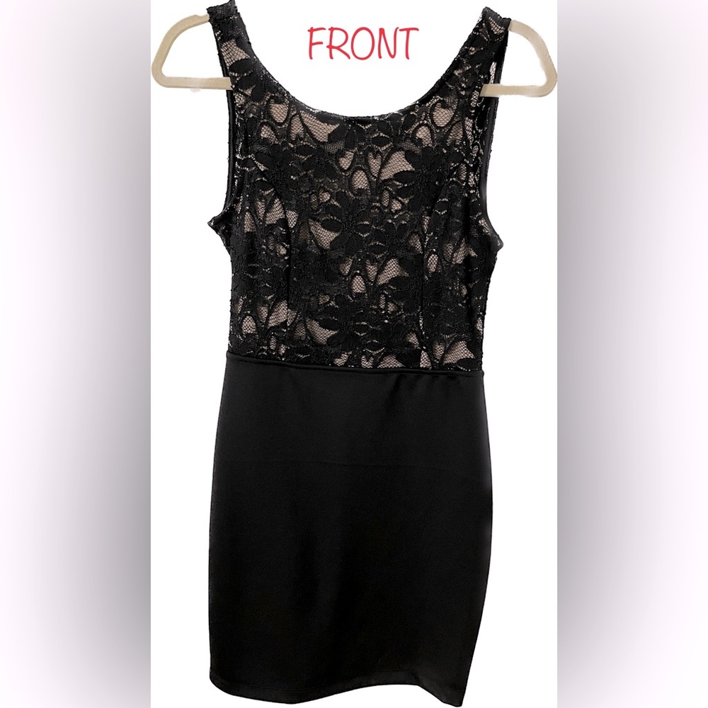 Black mini dress with lace top from Macy’s. Brand new. Plunge back with bow.